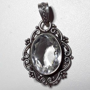 Sparkling Clear Crystal Multi Faceted Ornate Silver Pendant